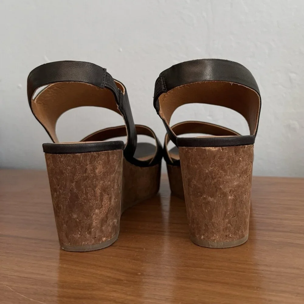 Coclico Massy Black Leather Wedge Sandals Cork Wedge Slingback Size 37.5 - Picture 5 of 10